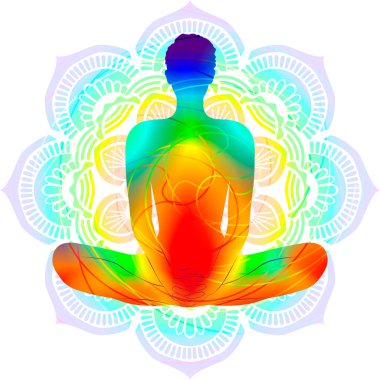 Renkli siluet yoga duruşu. Bağlı Açı pozu ya da Kelebek pozu. Baddha Konasana veya Bhadrasana. Oturmuş ve nötr. İzole vektör çizimi. Mandala arkaplanı.