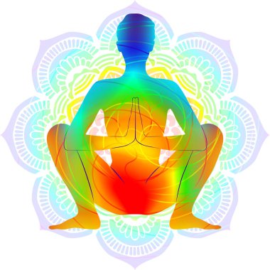 Renkli siluet yoga duruşu. Çelenk pozu ya da Yogi pozisyonu. Malasana ya da Upaveshasana. Oturdum ve dengede durdum. İzole vektör çizimi. Mandala arkaplanı.