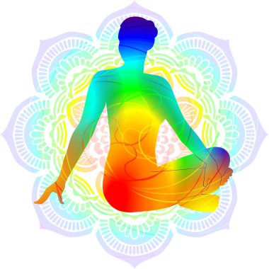 Renkli siluet yoga duruşu. Oturmuş Twist pozu. Parivritta Sukhasana. İzole vektör çizimi. Mandala arkaplanı.