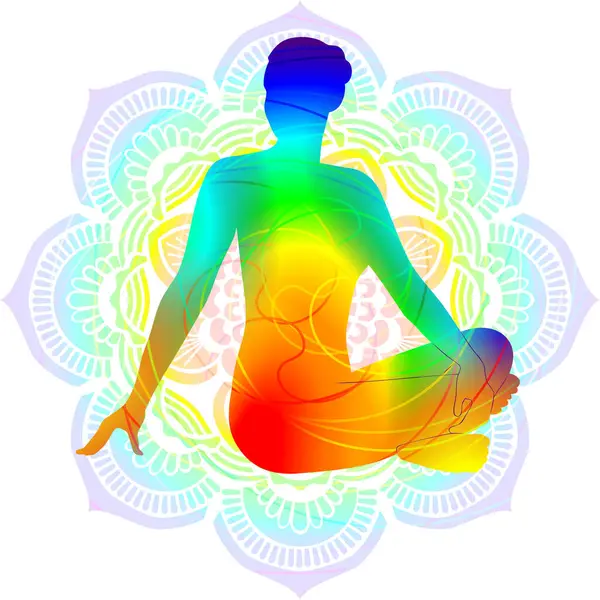 Kleurrijke Silhouet Yoga Houding Zittende Draaihouding Parivritta Sukhasana Geïsoleerde Vectorillustratie — Stockvector