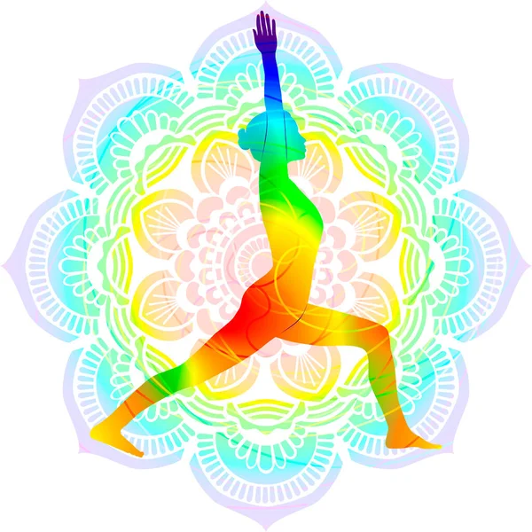 Colorful Silhouette Yoga Posture Warrior Pose Virabhadrasana Standing Balancing Isolated — Stock Vector