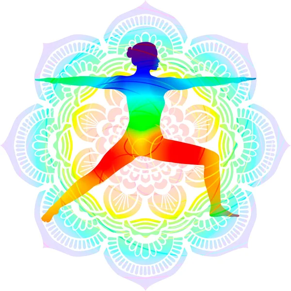Renkli siluet yoga duruşu. Savaşçı 2 pozisyonu. Virabhadrasana B. Ayakta ve Dengede. İzole vektör çizimi. Mandala arkaplanı.