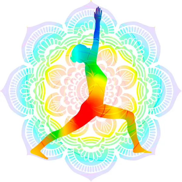 Colorida Postura Silueta Yoga Guerrero Con Pose Gaze Virabhadrasana Pie Ilustraciones de stock libres de derechos