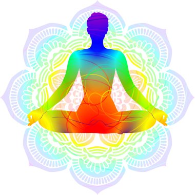 Renkli siluet yoga duruşu. Kolay poz. Sukhasana. Oturmuş ve nötr. İzole vektör çizimi. Mandala arkaplanı.