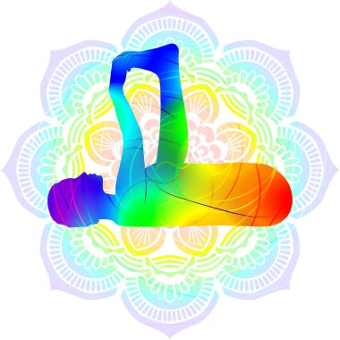 Renkli siluet yoga duruşu. Mutlu Bebek pozu mu yoksa Mutlu Bebek pozu mu? Ölü böcek duruşu. Ananda Balasana. Sırt ve Denge. İzole vektör çizimi. Mandala arkaplanı.