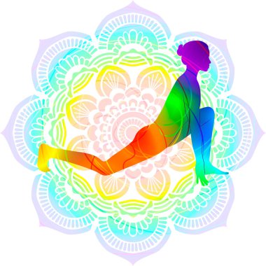 Renkli siluet yoga duruşu. Binicilik pozu. Ashva Sanchalanasana. Kol Bacağı Destek ve Dengeleme. İzole vektör çizimi. Mandala arkaplanı.