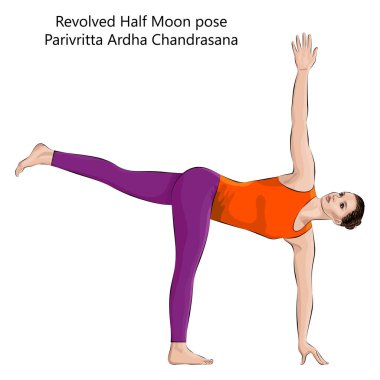 Yoga yapan genç kadın Yarım Ay Devri pozu ya da Parivritta Ardha Chandrasana. Orta halli zorluk. İzole vektör illüstrasyonu.