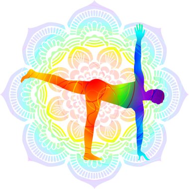 Revolved Half Moon pozunun renkli silueti veya Parivritta Ardha Chandrasana. Ayakta ve bükük. Mandala arkaplanındaki izole vektör çizimi