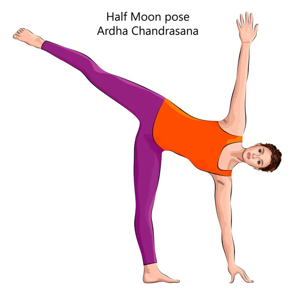 Yoga Yapan Genç Kadın Half Moon Pozu Ardha Chandrasana Orta — Stok Vektör