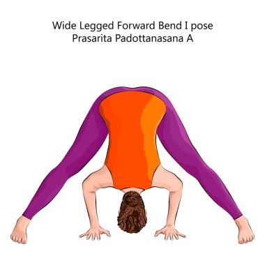 Prasarita Padottanasana A 'da yoga yapan genç bir kadın. Geniş Ayaklı İleri Eğik pozu. Orta halli zorluk. İzole vektör illüstrasyonu.