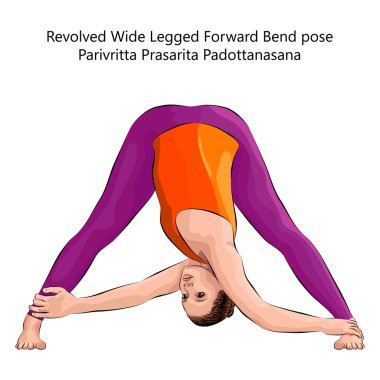 Yoga pozu. Parivritta Prasarita Padottanasana. Dönüşümlü Bacak Eğilimi pozu. Orta halli zorluk. İzole vektör illüstrasyonu.
