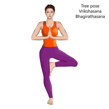 Yoga yapan genç bir kadın Vrikshasana. Ağaç duruşu. Orta halli zorluk. İzole vektör illüstrasyonu.