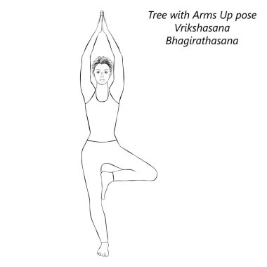 Yoga yapan genç bir kadının robot resmi. Vrikshasana. Kolları havada ağaç pozisyonu. İzole vektör illüstrasyonu.