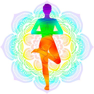 Ardha Padmasana 'nın renkli silueti. Ayakta Duran Yarım Lotus pozu veya Yarım Lotus Ağacı pozu. Mandala arkaplanındaki izole vektör çizimi.