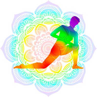 Parivritta Anjaneyasana 'nın renkli silueti. Diz üstünde dönen Hilal hamlesi. Mandala arkaplanındaki izole vektör çizimi.