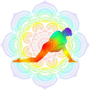 Parivritta Baddha Anjaneyasana 'nın renkli silueti. Diz üstünde dönen Hilal hamlesi. Mandala arkaplanındaki izole vektör çizimi.