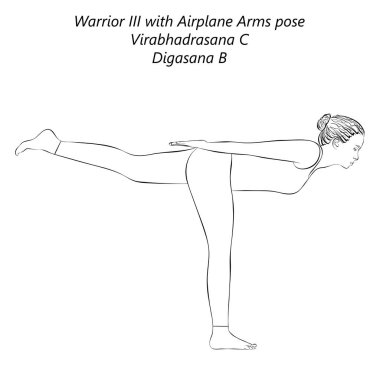 Yoga yapan genç bir kadının robot resmi. Virabhadrasana C ya da Digasana B. Warrior III ve Uçak Kolları pozu. İzole vektör illüstrasyonu.