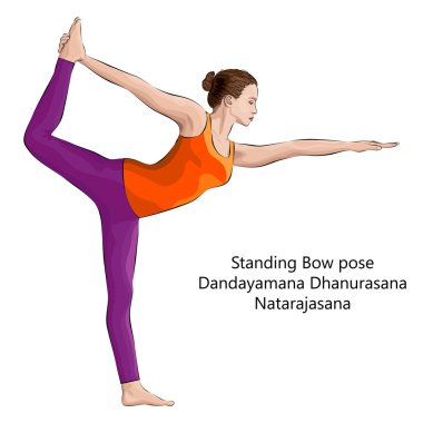 Dandayamana Dhanurasana ya da Natarajasana 'da yoga yapan genç bir kadın. Ayakta duran yay çekme pozu. Orta halli zorluk. İzole vektör illüstrasyonu.