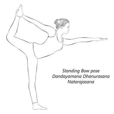 Dandayamana Dhanurasana ya da Natarajasana 'da yoga yapan genç bir kadının çizimi. Ayakta duran yay çekme pozu. İzole vektör illüstrasyonu.