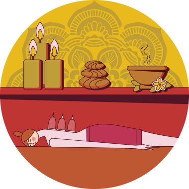 Sıhhatli, süpürge sırtı masajı. Daire şeklinde izole edilmiş düz vektör çizimi.