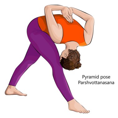 Yoga yapan genç bir kadın Parshvottanasana. Piramit pozu ya da gergin kenar esneme pozu. Orta halli zorluk. İzole vektör illüstrasyonu.