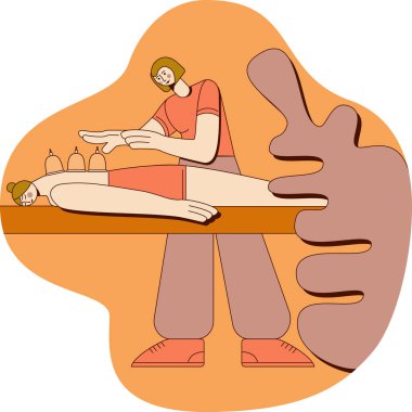 Wellness cupping vacuum back massage with professional massage therapist in spa. SPA design concept. Isolated flat vector illustration.