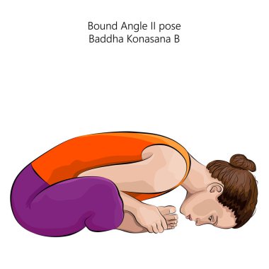 Yoga yapan genç kadın Baddha Konasana B. Bağlı Açı 2 duruşu. Genişletilmiş Bağlı Açı pozu. Orta halli zorluk. İzole vektör illüstrasyonu.