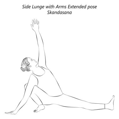 Yoga yapan kadının robot resmi Skandasana. Kollarını uzatarak yandan saldır. Orta halli zorluk. İzole vektör illüstrasyonu.