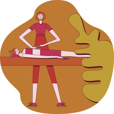 Profesyonel bir terapist tarafından yapılan karın masajı tedavisi. Tasarım konsepti. İzole edilmiş düz vektör çizimi.