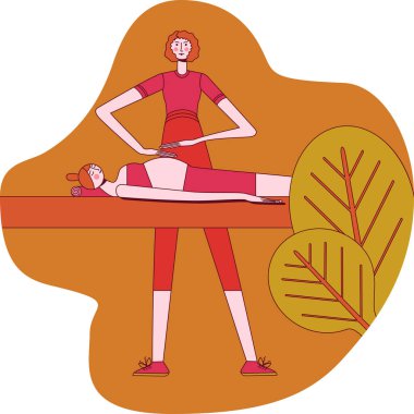 Spa 'da profesyonel terapist tarafından hamile bir kadın için masaj. Tasarım konsepti. İzole edilmiş düz vektör çizimi.