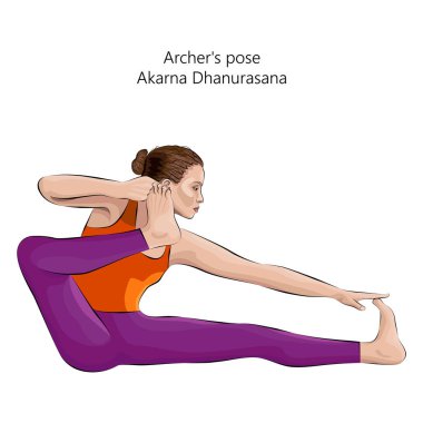 Yoga yapan genç kadın Akarna Dhanurasana. Archer 'ın pozu. Ok ve yay pozu veya ok atma pozu. İzole vektör illüstrasyonu.