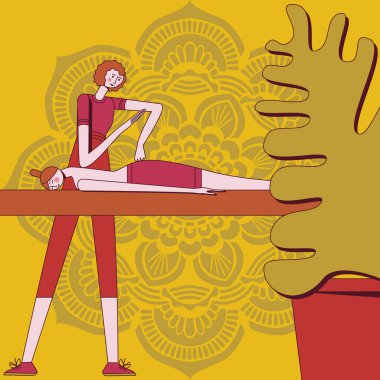 Kaplıcadaki profesyonel terapistin derin doku masajı ve kas ağrısı. Tasarım konsepti. İzole edilmiş düz vektör çizimi.