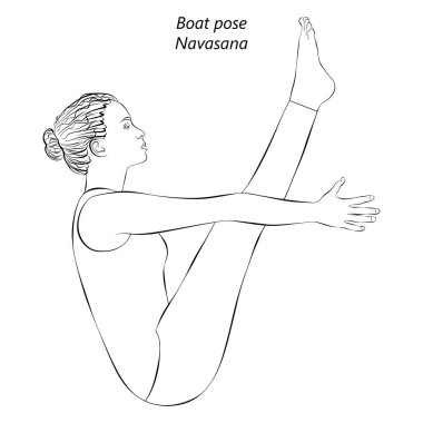 Navasana yoga pozu veren genç bir kadının çizimi. Tekne duruşu. Orta halli zorluk. İzole vektör illüstrasyonu.