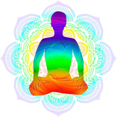 Padmasana yoga pozu veren renkli bir kadın silueti. Lotus pozu. Orta halli zorluk. İzole vektör illüstrasyonu