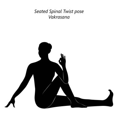 Vakrasana yoga pozu veren genç bir kadının silueti. Omurga bükme pozisyonu. Orta halli zorluk. İzole vektör illüstrasyonu
