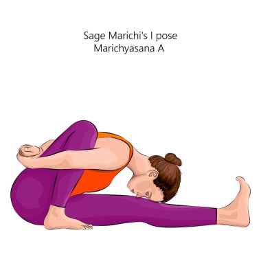 Marichyasana 'ya yoga pozu veren genç bir kadın. Marichi 'ye poz veriyorum. Orta halli zorluk. İzole vektör illüstrasyonu.