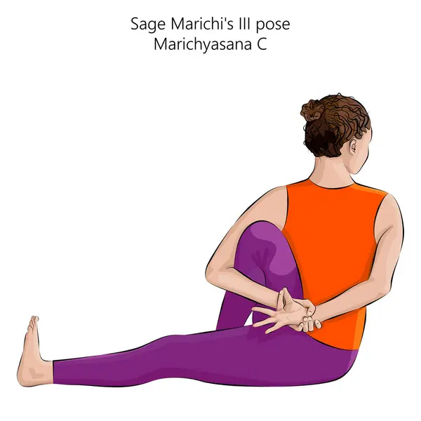 stock vector Young woman practicing Marichyasana C yoga pose. Sage Marichi III pose. Intermediate Difficulty. Isolated vector illustration.