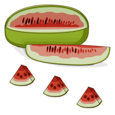 Ali Baba karpuzunun tamamı doğranmış. Citrullus lanatus. Sebzeler. Tırman. İzole vektör illüstrasyonu.