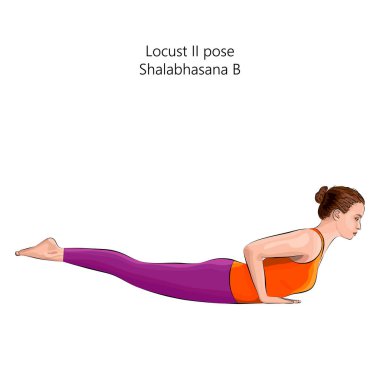 Shalabhasana B yoga pozu veren genç bir kadın. Çekirge 2 pozu. Orta halli zorluk. İzole vektör illüstrasyonu.