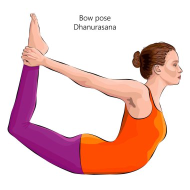 Dhanurasana yoga pozu veren genç bir kadın. Eğil. Orta halli zorluk. İzole vektör illüstrasyonu.