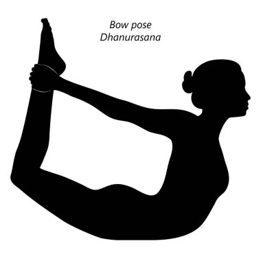 Dhanurasana yoga pozu veren genç bir kadının silueti. Eğil. Orta halli zorluk. İzole vektör illüstrasyonu