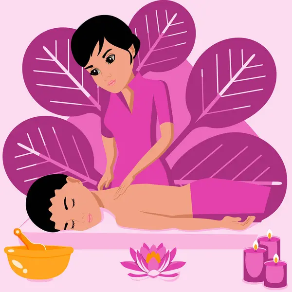 stock vector Traditional wellness back and neck massage with professional massage therapis in spa. Indian nationality. Isolated flat vector illustration.