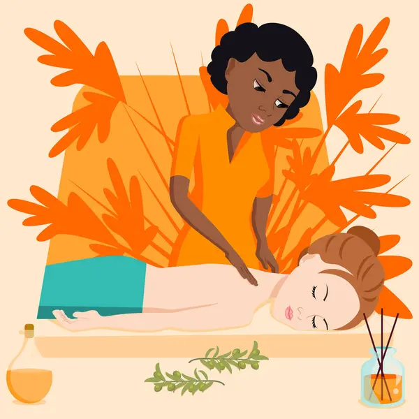 stock vector Swedish massage with professional massage therapist in spa. African and European ethnicity. Isolated flat vector illustration.