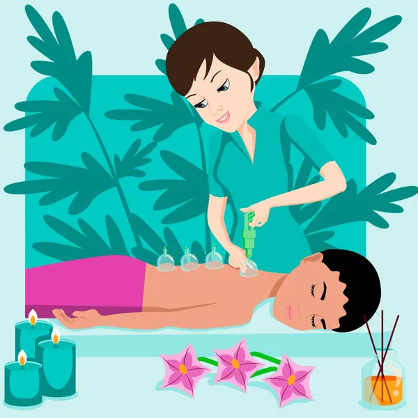 stock vector Cup massage. Treatments by professional therapist in spa. Vacuum therapy. Isolated flat vector illustration. European and Indian ethnicity.