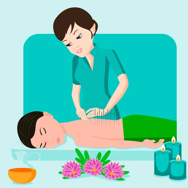 stock vector Needle Acupuncture treatment by professional acupuncturist in spa. Isolated flat vector illustration. European and Asian ethnicity.