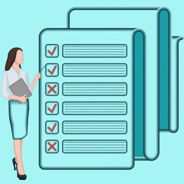 Bir kadın, karar verme sürecindeki sorunları belirlemek ve anlamak için anket sonuçlarını inceler. İş konsepti. 2B vektör illüstrasyonu.