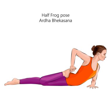Ardha Bhekasana yoga pozu veren genç bir kadın. Yarı kurbağa pozu. Orta halli zorluk. İzole vektör illüstrasyonu.