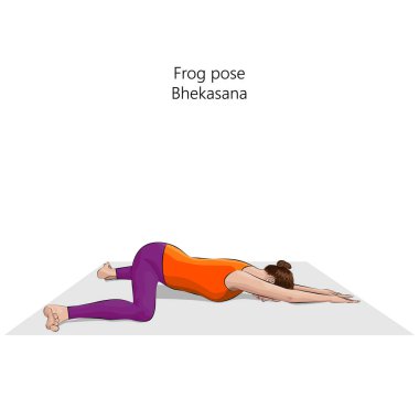 Bhekasana yoga pozu veren genç bir kadın. Kurbağa pozu. Orta halli zorluk. İzole vektör illüstrasyonu.