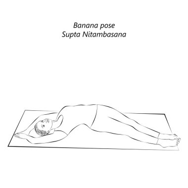 Supta Nitambasana yoga pozu veren genç bir kadının çizimi. Muz pozu ya da Yarım Ay pozu. Acemi zorluğu. İzole vektör illüstrasyonu.