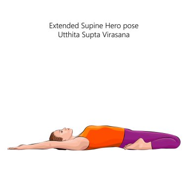 Utthita Supta Virasana yoga pozu veren genç bir kadın. Genişletilmiş Supine Hero pozu. Orta halli zorluk. İzole vektör illüstrasyonu.